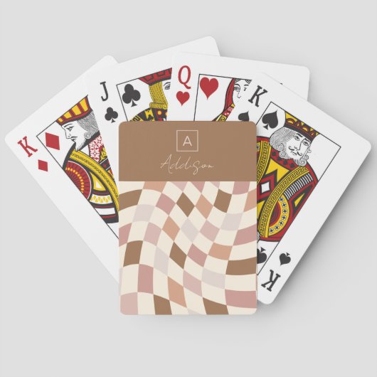 Elegant neutraal geruit gepersonaliseerd monogram pokerkaarten (Achterkant)