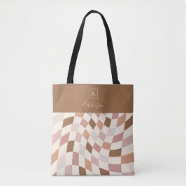 Elegant neutraal geruit gepersonaliseerd monogram tote bag