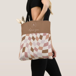 Elegant Neutraal Geruit Gepersonaliseerd Monogram Tote Bag