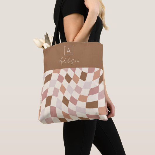 Elegant neutraal geruit gepersonaliseerd monogram tote bag (Dichtbij)