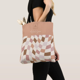 Elegant Neutraal Geruit Gepersonaliseerd Monogram Tote Bag