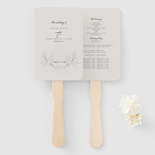 Elegant Neutraal Hand-Drawn Foliage Wedding Progra Handwaaier (Voorkant en achterkant)