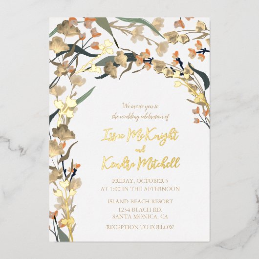 Elegant Neutral Beige Boho Botanical Wedding Folie Uitnodiging (Voorkant)