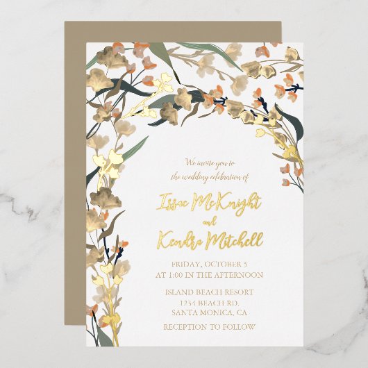 Elegant Neutral Beige Boho Botanical Wedding Folie Uitnodiging (Voorkant / Achterkant)