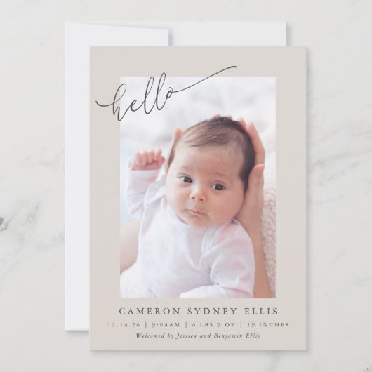 Elegant Neutral Beige Minimalist Hello Photo Birth Aankondiging (Voorkant)