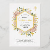 Elegant Neutral Floral | Eerste Heilige Communisti Folie Uitnodiging (Voorkant)