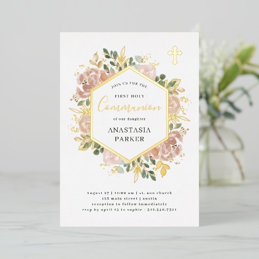Elegant Neutral Floral | Eerste Heilige Communisti Folie Uitnodiging (Staand Voorkant)