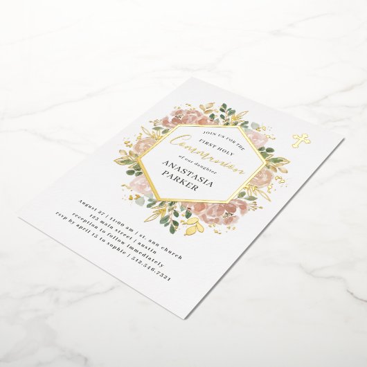 Elegant Neutral Floral | Eerste Heilige Communisti Folie Uitnodiging (Gedraaid)