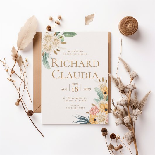 Elegant Neutral Floral Wedding Invitation Kaart