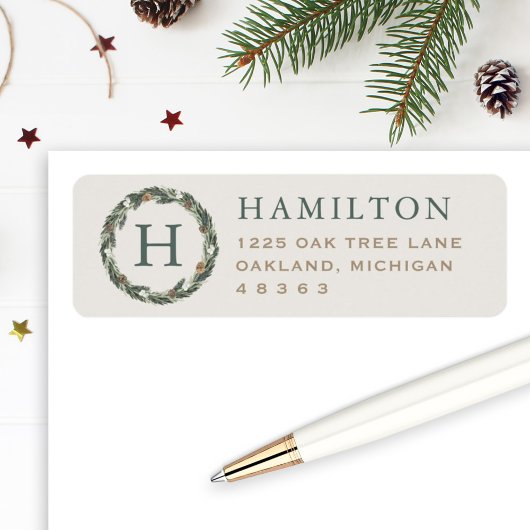 Elegant Neutral Greenery WreatReturn Address Etiket