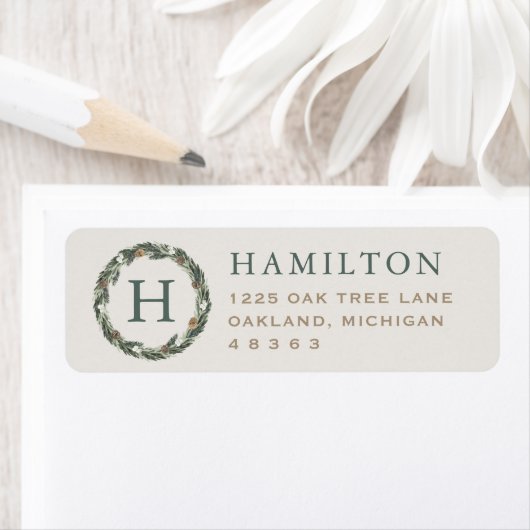 Elegant Neutral Greenery WreatReturn Address Etiket (Insitu)