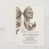 Elegant Neutral Striped Bow Baptism Kaart (Voorkant / Achterkant)