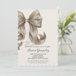 Elegant Neutral Striped Bow Baptism Kaart