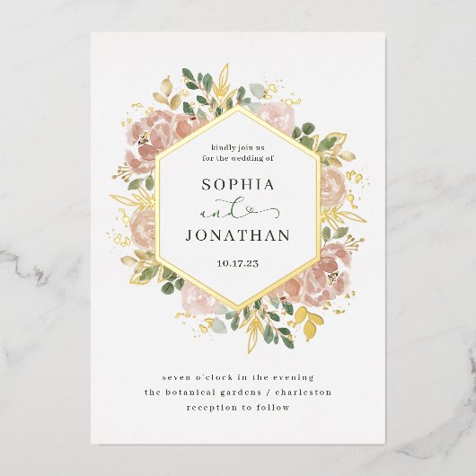 Elegant Neutral Waterverf Floral Wedding | Goud Folie Uitnodiging (Voorkant)