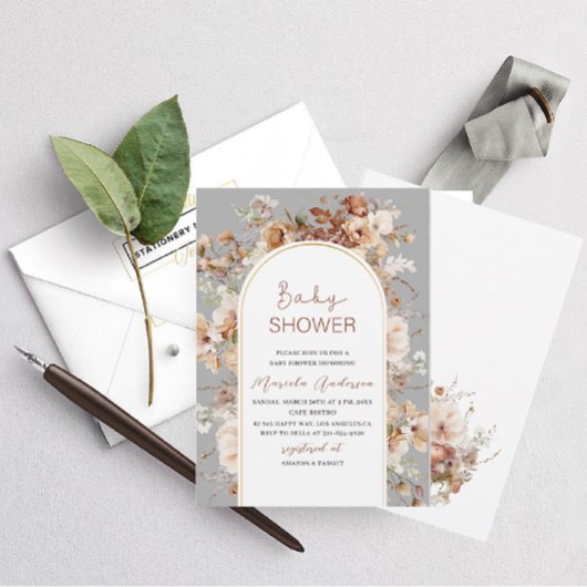 Elegant Neutral Waterverf Flowers Baby shower Kaart