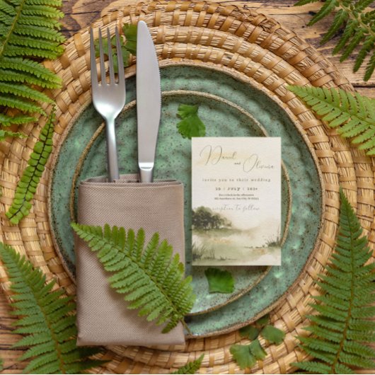 Elegant neutrale waterverf Soft Landscape bruiloft Folie Uitnodiging