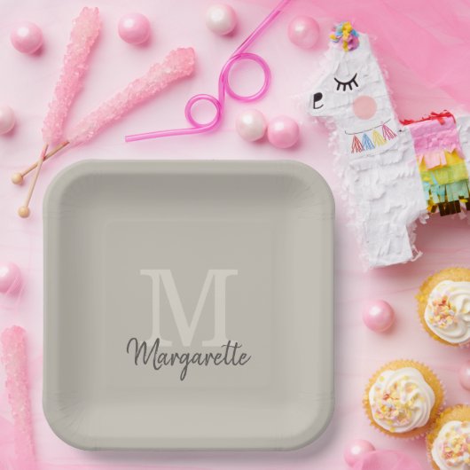 Elegant Neutrals Naam en Initiaal Monogram Papieren Bordje (Feest)