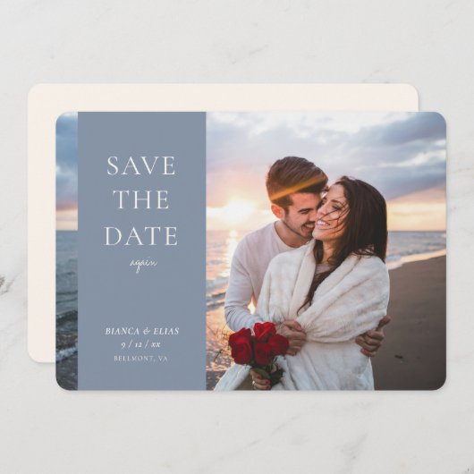 Elegant New Date Moderne Script Photo Dusty Blue Save The Date (Voorkant / Achterkant)