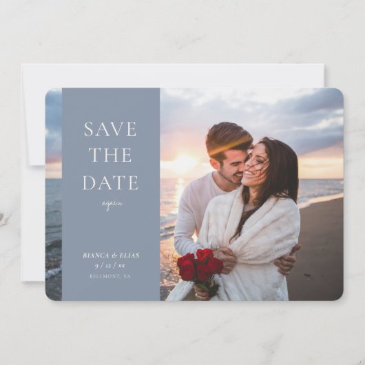 Elegant New Date Moderne Script Photo Dusty Blue Save The Date (Voorkant)