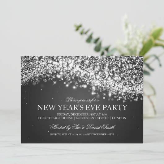 Elegant New Years Eva Party Sparking Wave Black Kaart (Staand voorkant)