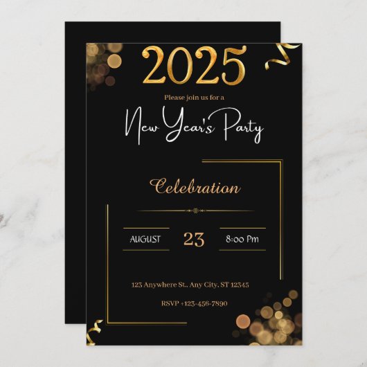Elegant New Year's Eve Black Gold Party Kaart (Voorkant / Achterkant)