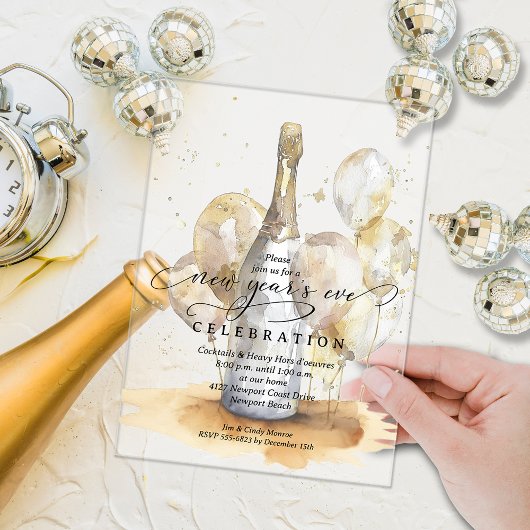 Elegant New Year's Eve Champagne & Balloons Acryl Uitnodigingen