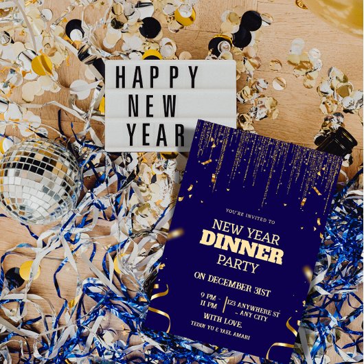 Elegant New Year's Eve Dinner Party Invitation Kaart