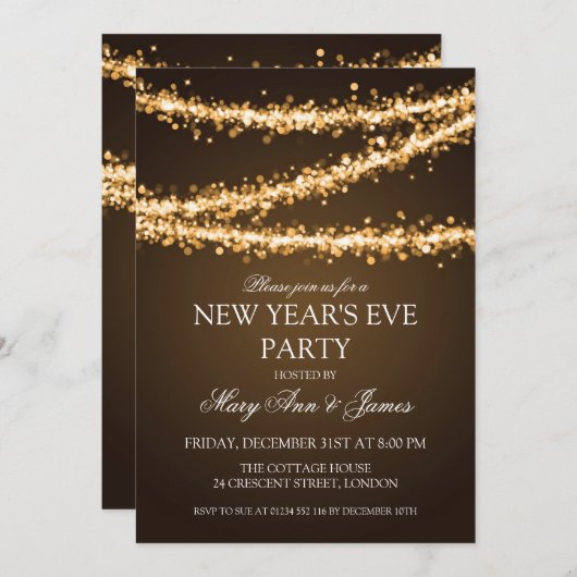 Elegant New Years Eve Gold String Lights Kaart (Voorkant / Achterkant)
