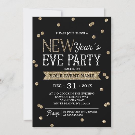 Elegant New Year's Eve Party Gold Glitter Confetti Kaart (Voorkant)