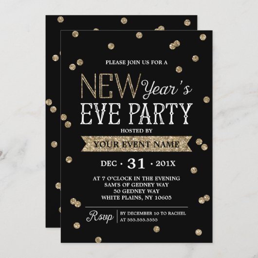 Elegant New Year's Eve Party Gold Glitter Confetti Kaart (Voorkant / Achterkant)