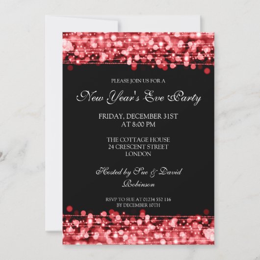 Elegant New Years Eve Party Sparkles Red Kaart (Voorkant)