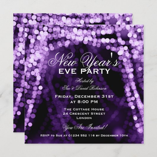 Elegant New Years Eve Party String Lights Paars Kaart (Voorkant / Achterkant)