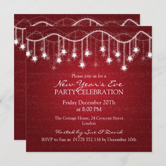 Elegant New Years Eve Shimmering Stars Red Kaart (Voorkant / Achterkant)