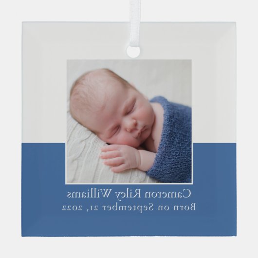 Elegant Newborn Baby Boy Foto Blue Birth Keepomwil Glas Ornament (Achterkant)