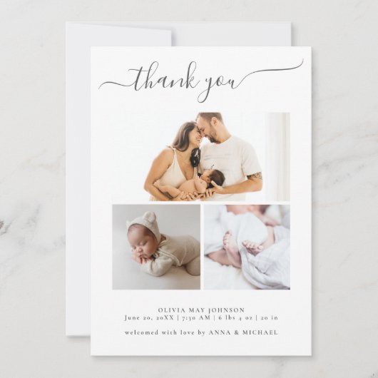 Elegant Newborn Photo Collage Birth Announements Bedankkaart (Voorkant)