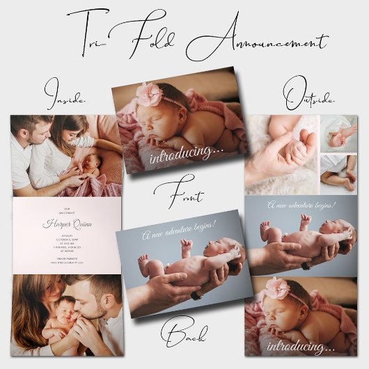 Elegant Newborn Photo Collage Drieluik Aankondiging