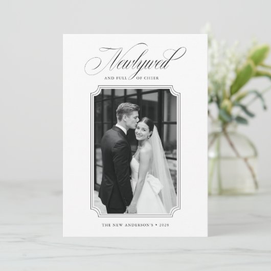 Elegant Newlywed Black And White 2 Photo Christmas Feestdagenkaart (Staand voorkant)