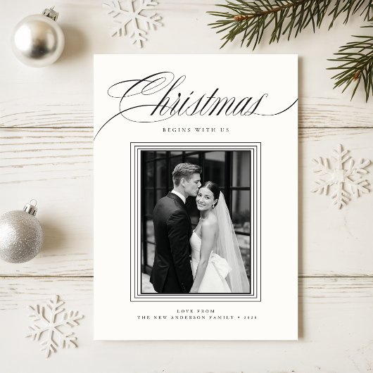 Elegant Newlywed Black & White 2 Photo Christmas Feestdagenkaart
