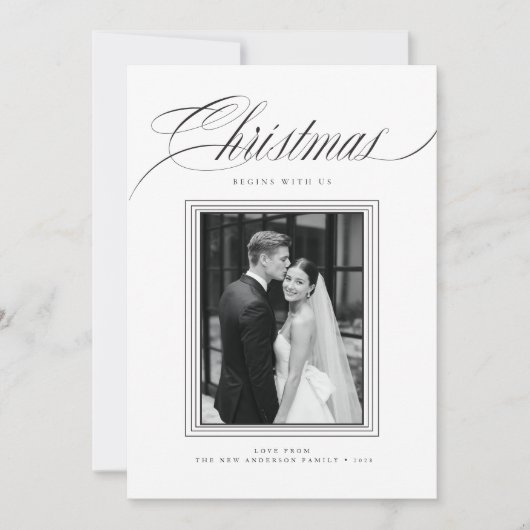 Elegant Newlywed Black & White 2 Photo Christmas Feestdagenkaart (Voorkant)
