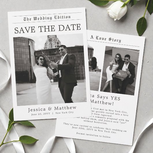 Elegant Newspaper Black and White Photo Wedding Save The Date