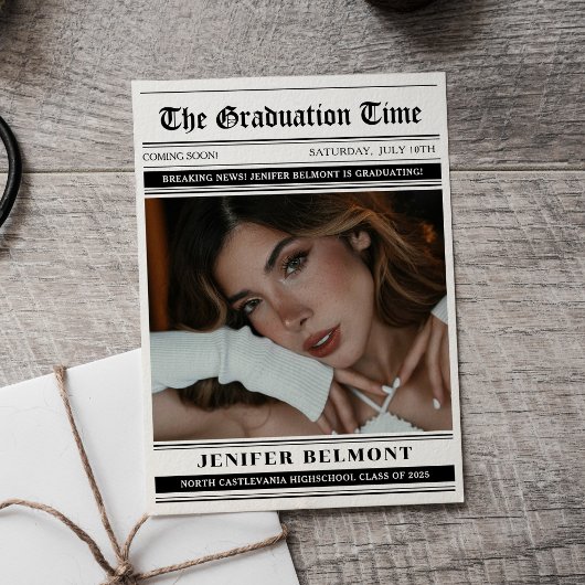 Elegant Newspaper Themed Photo Graduation Aankondiging