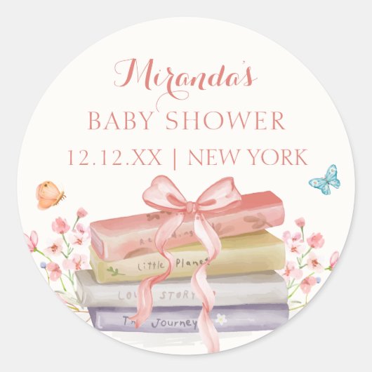 Elegant nieuw Chapter Bloemen Bow Book Baby shower Ronde Sticker (Voorkant)