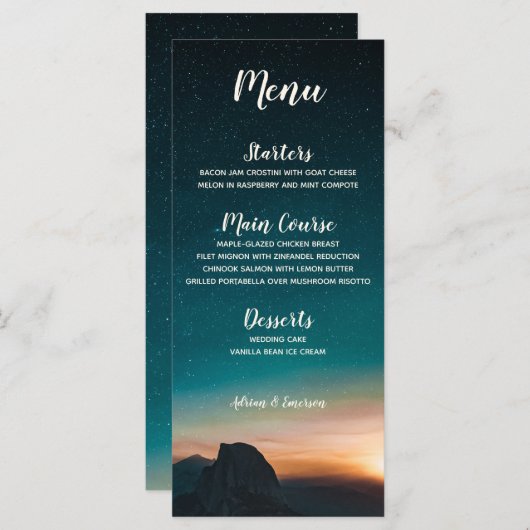 Elegant Night Sky Galaxy Mountain Stars Weddenscha Menu (Voorkant / Achterkant)