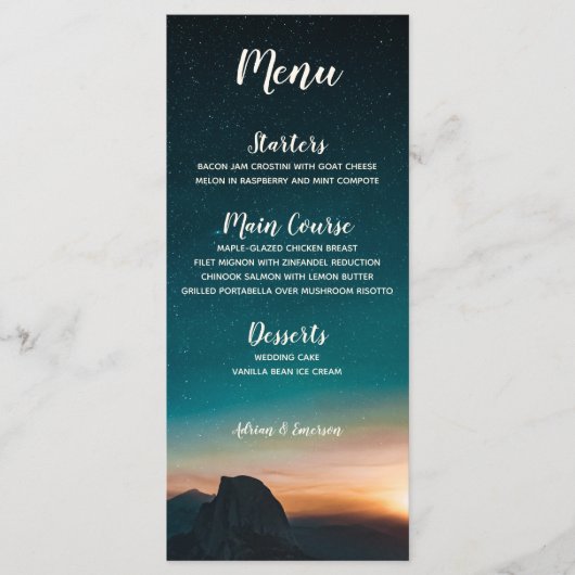 Elegant Night Sky Galaxy Mountain Stars Weddenscha Menu (Voorkant)