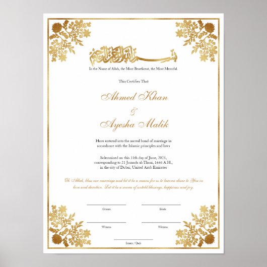 Elegant Nikkah Certificate Muslim Islamic Wedding Poster (Voorkant)