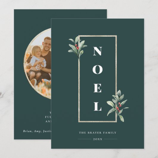 Elegant NOEL Gold Winter Berry Lijst Foto Feestdagenkaart (Voorkant / Achterkant)