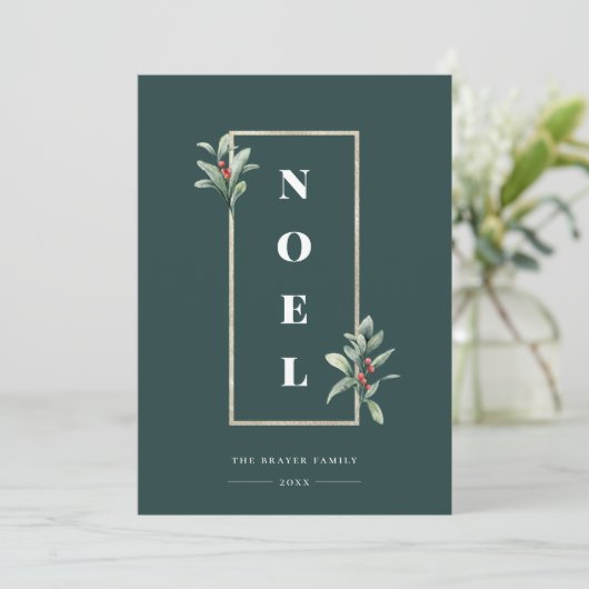 Elegant NOEL Gold Winter Berry Lijst Foto Feestdagenkaart (Staand voorkant)