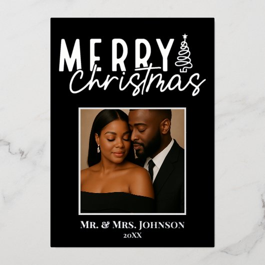 Elegant Noel in Silver Mr. & Mrs. Christmas Photo  Folie Feestdagenkaart (Voorkant)