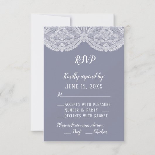 Elegant Nostalgic Lace Steel Blue Wedding RSVP (Voorkant)