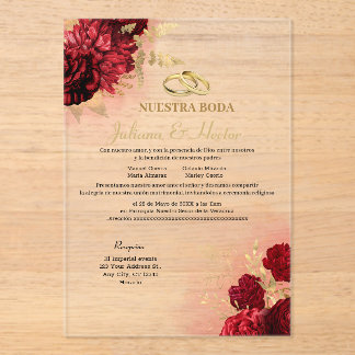Elegant Nuestra Boda Red Floral Wedding Invitation Acryl Uitnodigingen